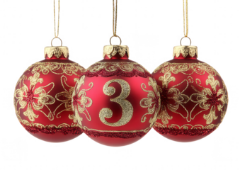 Three red Christmas ornaments, each with the number 3, hanging