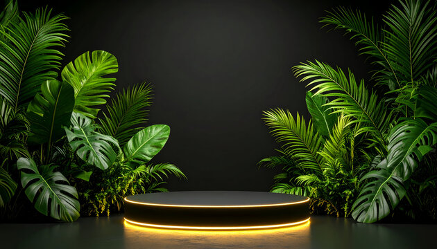 Dark Studio with Tropical Podium. - Powered by Adobe