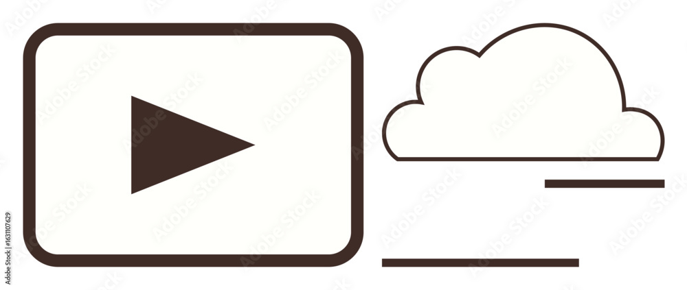 Poster play button in rectangle represents video streaming, paired with a cloud icon conveying data storage