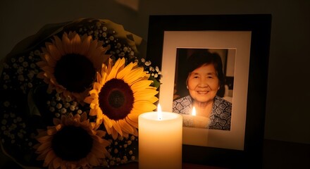 Remembrance on National Sunflower Day with a memorial candle and framed picture.