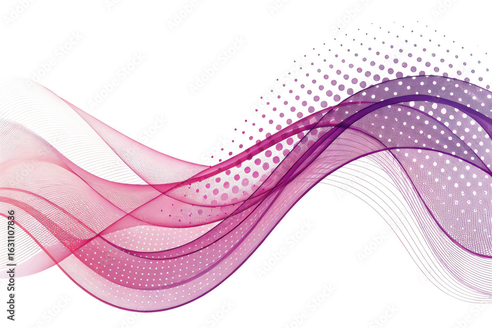 Poster abstract flowing wave of pink and purple light with a dotted pattern overlay isolated on transparent