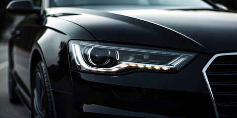 Fototapeta premium Luxury black car headlight closeup – modern automobile front view JPG image