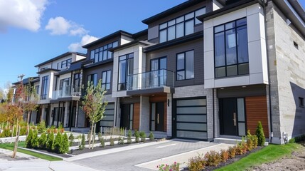 A modern, multi-story residential building with black and gray exterior, featuring large glass windows and a modern design.