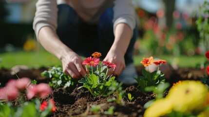 Fototapeta premium A person planting flowers in a garden, with a blurred background of other flowers.