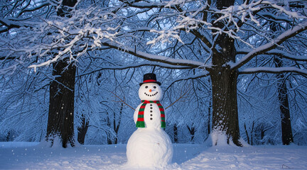 Obraz premium Cheerful snowman with black hat and striped scarf standing in a snowy forest at dusk. Perfect for Christmas themes, winter backgrounds, seasonal greeting cards, and festive holiday designs.