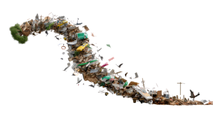 The Cascade of Waste: A conceptual and artistic rendering depicts a dynamic flow of waste, highlighting the scale of the pollution caused by a consumer-driven society.