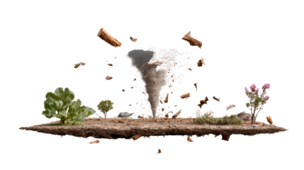 Whirlwind Fury Unleashed: A destructive tornado rips through a small, isolated landscape, causing havoc as it uproots foliage and propels debris into the air.