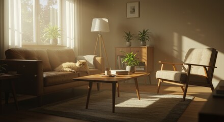 Cozy Sunlit Living Room with Modern Sofa Armchair Coffee Table Indoor Home Interior Design Decor