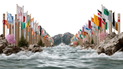 World Flags Pathway: A vibrant panorama showcasing an array of national flags flanking a flowing river toward towering mountains, symbolizing global unity. 