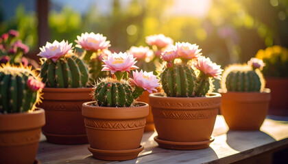 Blooming Pink Cactus in Pots with Sunset.