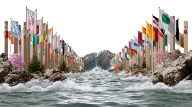 World Flags Pathway: A vibrant panorama showcasing an array of national flags flanking a flowing river toward towering mountains, symbolizing global unity. 