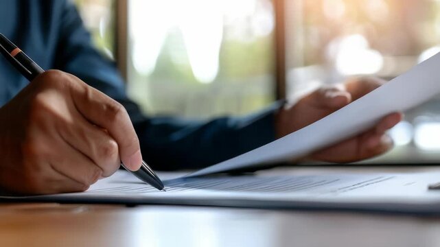 Close-up of a person signing a document with a pen. The scene conveys professionalism and importance in completing paperwork with focused attention to detail.