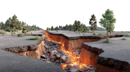 Earthquake destruction: Capturing the raw power of nature's fury, a gaping fissure tears through the earth, revealing molten magma below, creating a scene of geological chaos and destruction.