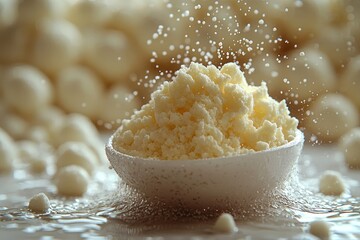 Creamy substance in a bowl, with splashes and powder