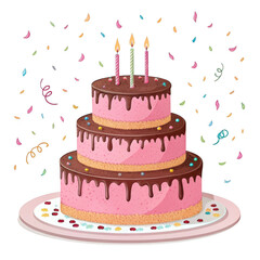 Delicious three tiered pink birthday cake with chocolate frosting dripping and lit candles on a white plate surrounded by confetti isolated on transparent background