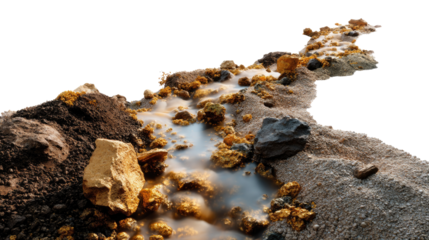 Mineral-rich creek: A scenic image of a meandering creek, its waters flowing gently through a terrain of rocks and earthy formations, hinting at hidden treasures.