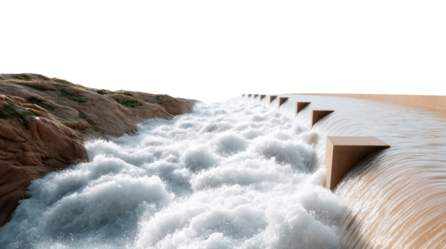 Water Flowing from Reservoir Dam: A panoramic perspective captures the raw power of water cascading from a reservoir dam. This scene is characterized by turbulent rapids.