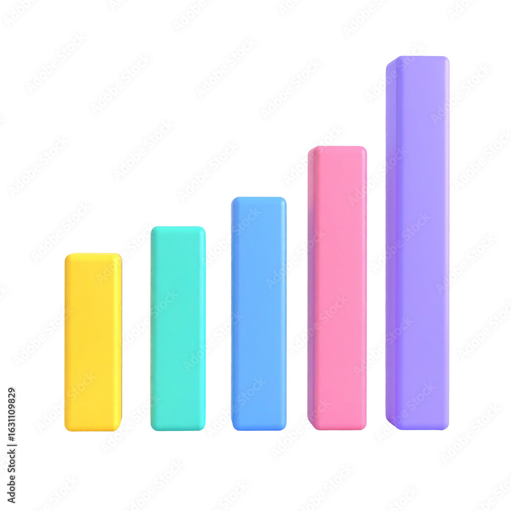 Poster colorful 3d bar graph illustrating increasing data. each bar distinct color, trend upwards