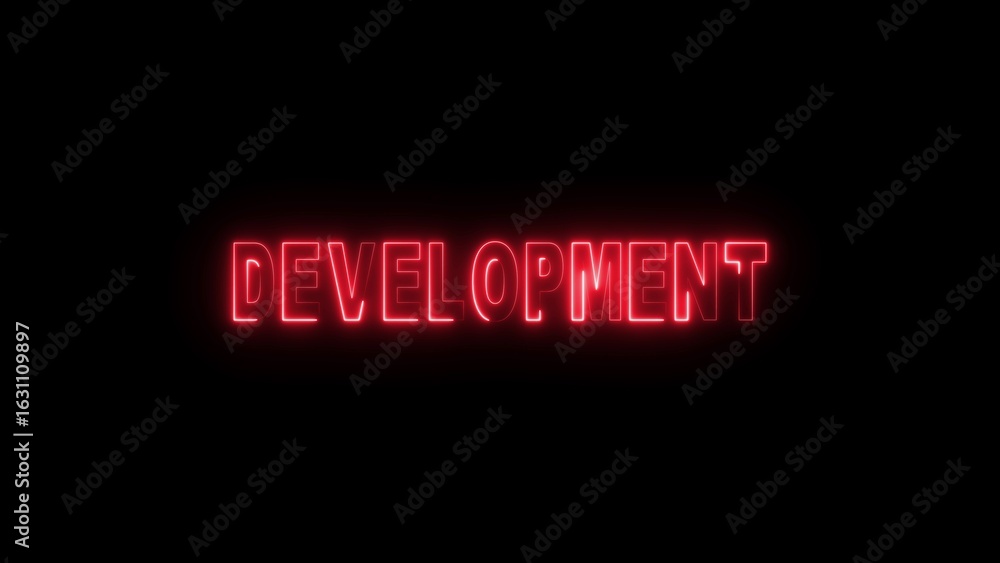 Poster red neon development text on black background glowing illuminated word development concept