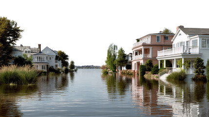 Fototapeta premium Coastal Living Dreamscape: A serene waterfront scene showcases elegant homes with tranquil reflections in the calm water, a picturesque blend of nature and architecture.