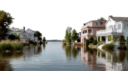 Coastal Living Dreamscape: A serene waterfront scene showcases elegant homes with tranquil reflections in the calm water, a picturesque blend of nature and architecture.