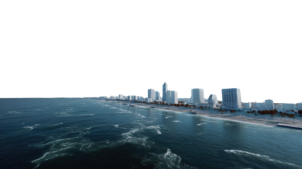 City Skyline by the Seaside: The majestic urban sprawl hugs the coast, seamlessly merging with the azure waves in this serene photorealistic depiction of metropolitan life.