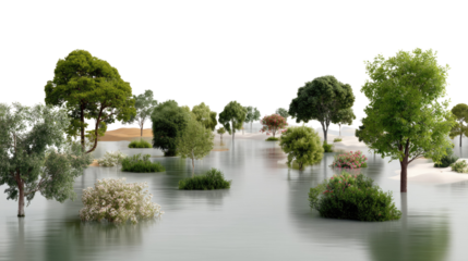 Flooded trees : A stunning landscape of trees partially submerged in water, creating a surreal scene. Capturing the dramatic effect of water level rise and environmental impacts.