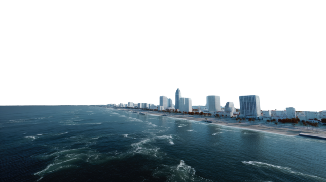 City Skyline by the Seaside: The majestic urban sprawl hugs the coast, seamlessly merging with the azure waves in this serene photorealistic depiction of metropolitan life.