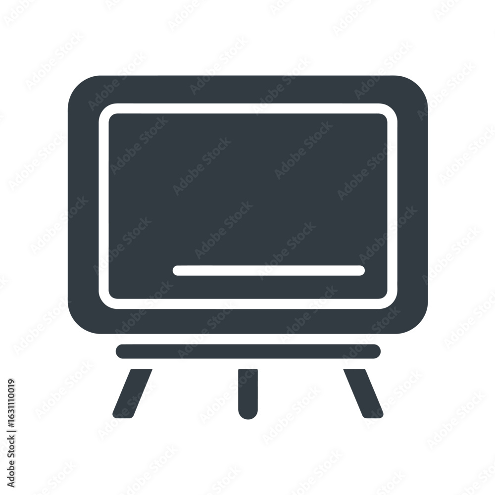 Poster isolated dark gray board with rounded edges and thin horizontal white line, threelegged stand