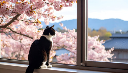 Cat Views Spring Cherry Blossoms.