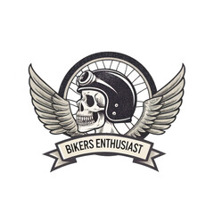 Emblematic skull with aviator helmet and wings featuring the text bikers enthusiast isolated on transparent background