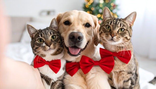 Christmas Pets Selfie Dog with Cats.