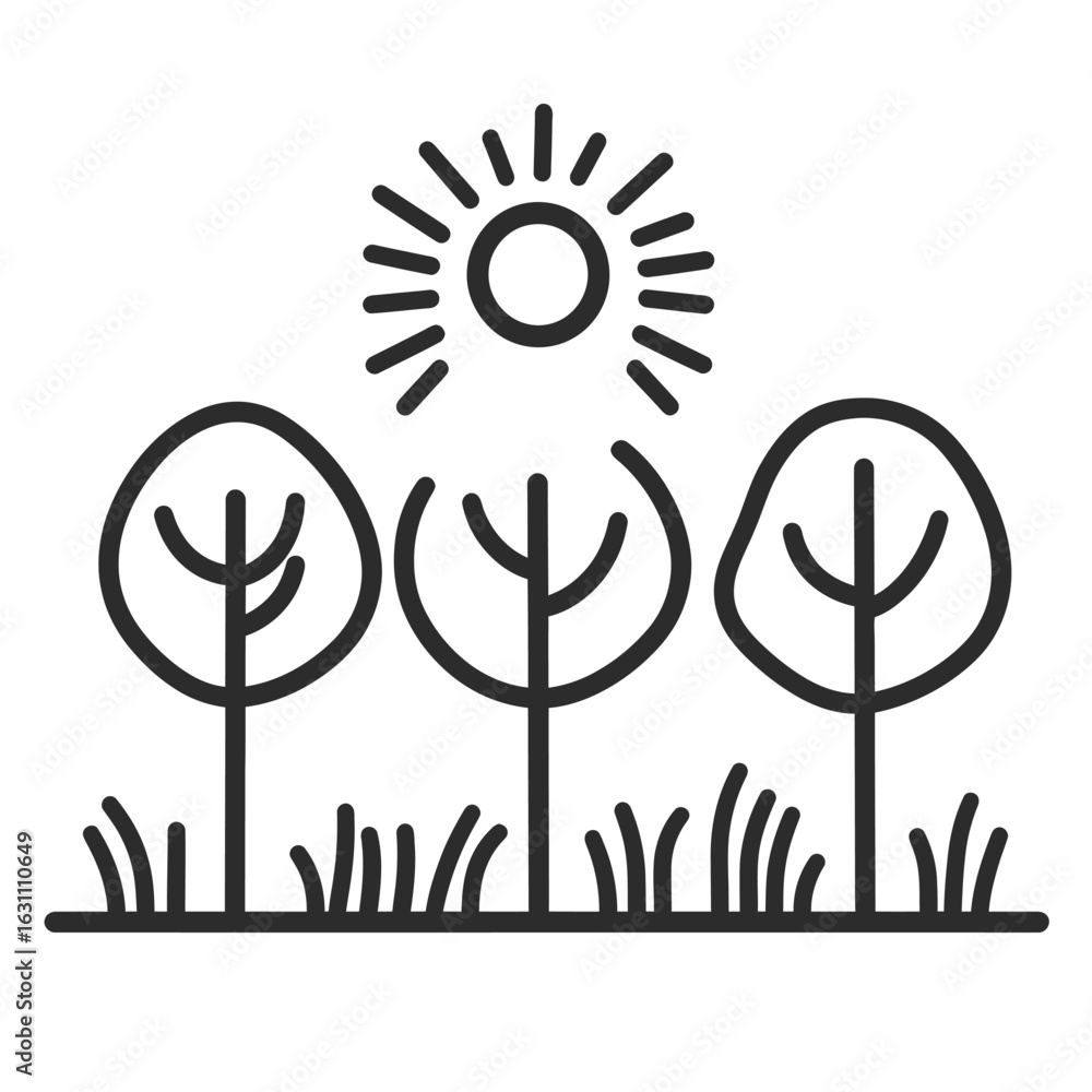 Poster linear black icons of three trees with sun above on background