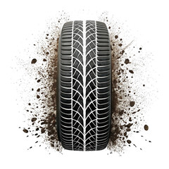 Close up of a detailed winter tire tread with mud and dirt splashing around it isolated on transparent background
