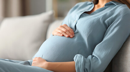 Pregnant woman resting comfortably on a sofa holding her belly