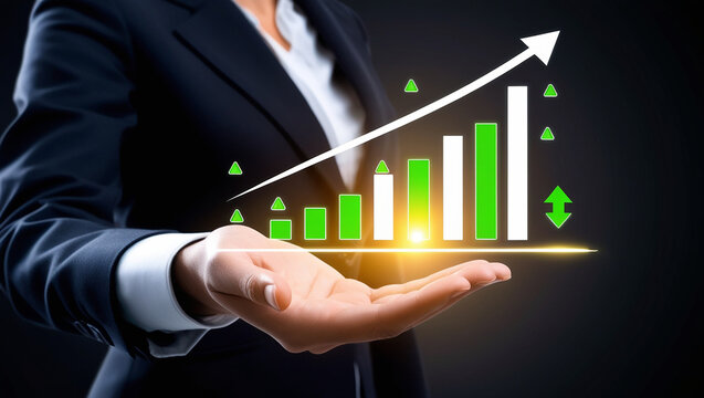 Businesswoman Presents Upward Trending Green Bar Graph, Positive Growth, Financial Success