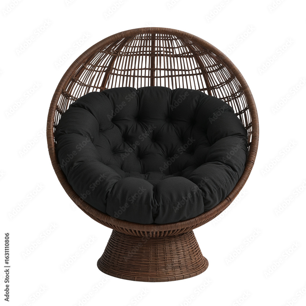 Poster wicker orb chair presenting a rustic aesthetic with plush cushion emphasizing comfort and inviting