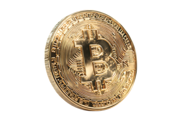 Close up of a golden Bitcoin coin on black background.