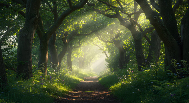 Enchanting forest path with sunlight streaming through the canopy creating ethereal light