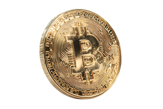 Close up of a golden Bitcoin coin on black background.