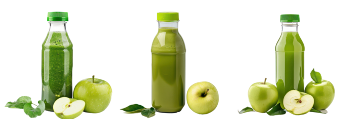 Three green apple juice bottles with apples and leaves on a transparent background