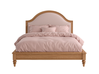 Comfortable light wood frame bed with soft pink linen on a transparent isolated setting