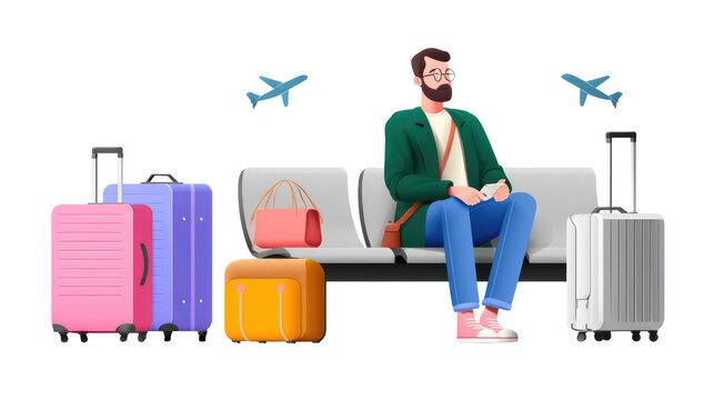 Traveler in Waiting: A neatly dressed traveler sits patiently at the airport, surrounded by luggage, anticipating the departure, capturing the excitement and tranquility of travel.