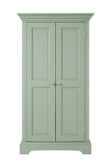 Isolated soft green wooden wardrobe with panelled doors, providing ample storage solutions and an