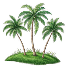 Three lush green palm trees with textured trunks stand tall on a small grassy island with tropical foliage isolated on transparent background