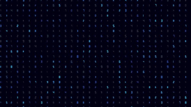 Abstract background dynamic glowing numeric pattern on dark digital grid. numeric code highlights futuristic data flow, encryption, for technology, cyber space, AI, blockchain, or coding visuals.