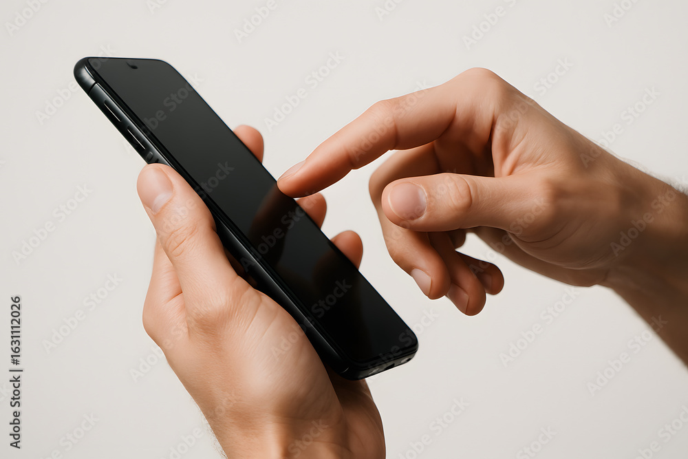 Poster touchscreen interaction: a close-up shot of a person's hands expertly navigating a modern smartphone