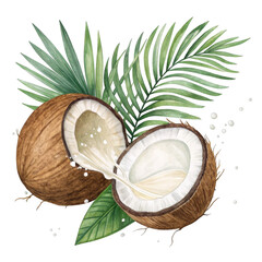 Fresh ripe coconut halved revealing creamy white flesh and tropical palm leaves isolated on transparent background