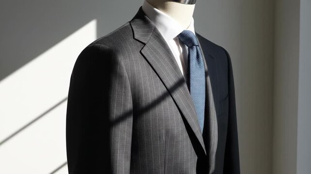 Elegant pinstripe suit with blue tie on a mannequin, bathed in sunlight.