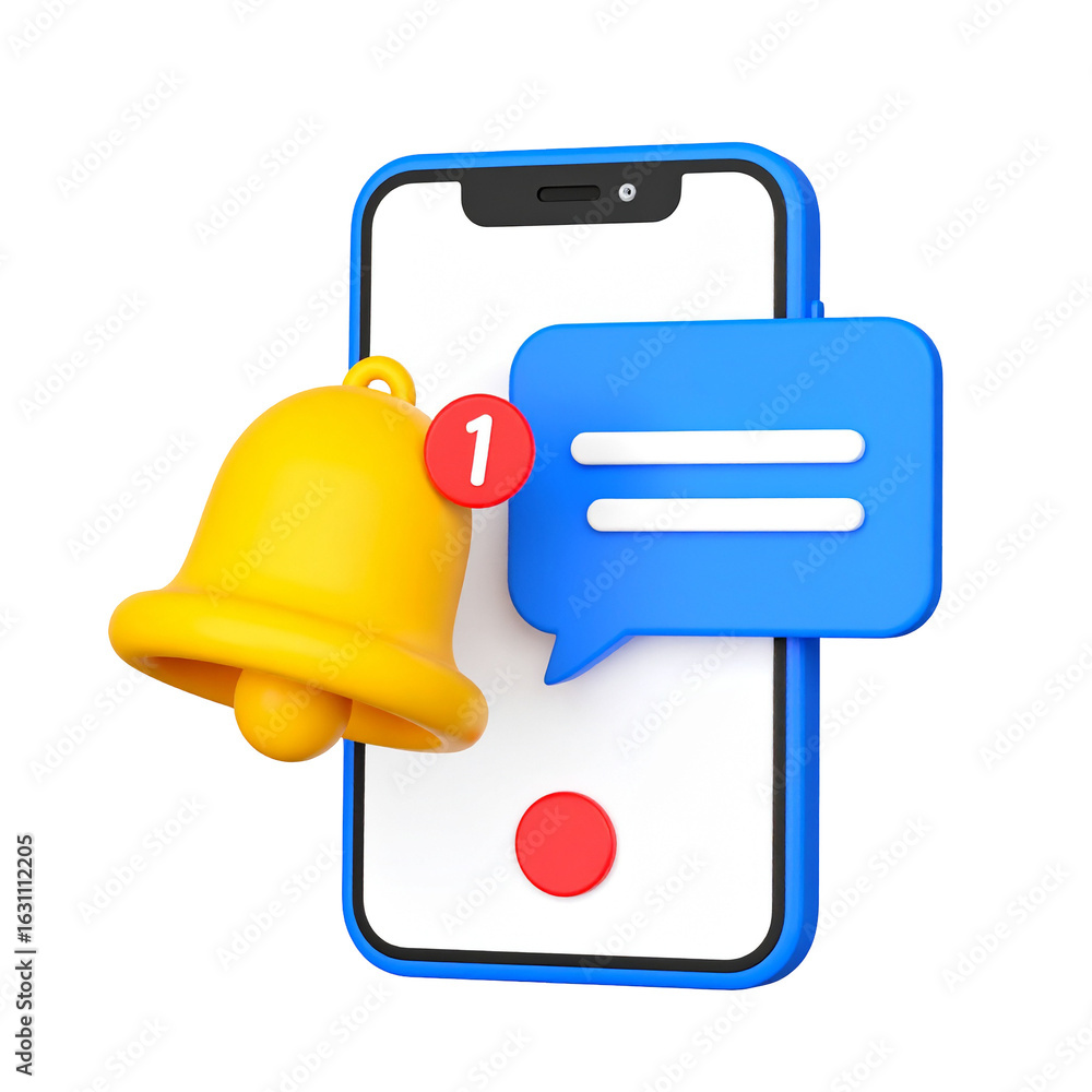 Poster modern mobile device shows notifications with a bell and message icon for attention
